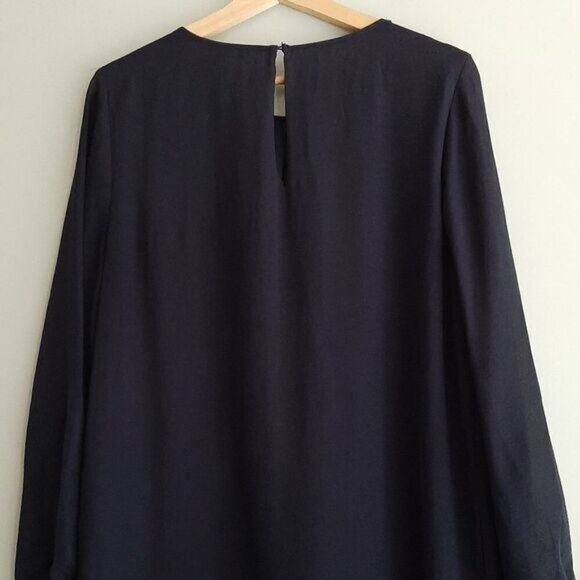 H&M / A-Line Sheer Sleeve Pleated Scoop Neck Knee Length Dress Navy Sz 14 - Picture 6 of 10